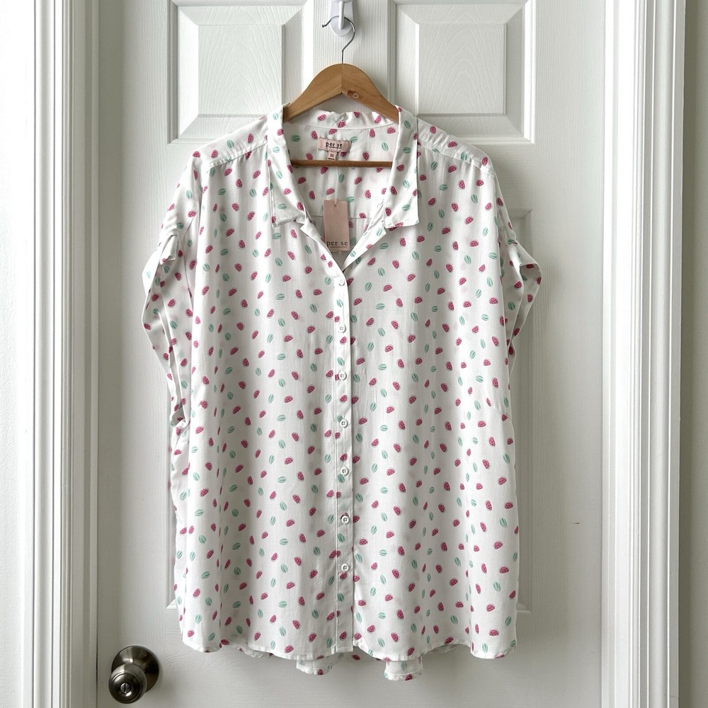 Per Se Woman Women's Size 3X White Pink Watermelon Print Short Sleeves Shirt NWT
